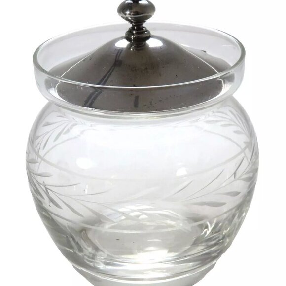 Unbranded Other - 1950s Mid Century Etched Decorated Crystal & Sterling Silver Jam Jar